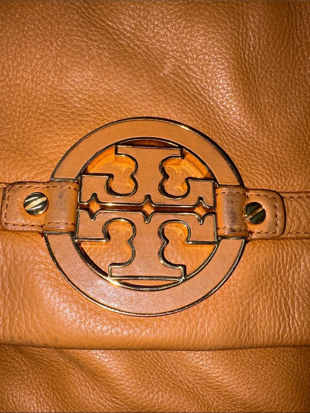 Tory Burch Cognac Pebbled Leather Fold-Over Clutch with Logo